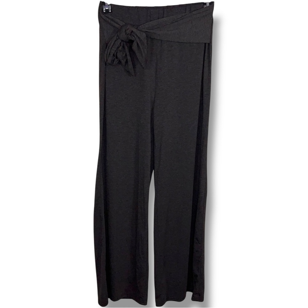 Medium Dark Grey Wide Leg Pants Attached Tie Belt Accent Casual Stretch